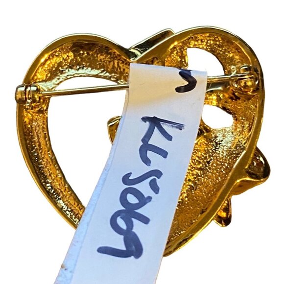 Vintage Gold Heart Flower Brooch With Rhinestone Center Retro Pin Jewelry Access - Picture 3 of 7